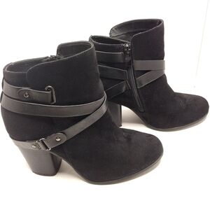 Above ankle booties black suede multi strap block heel women's boots round toe